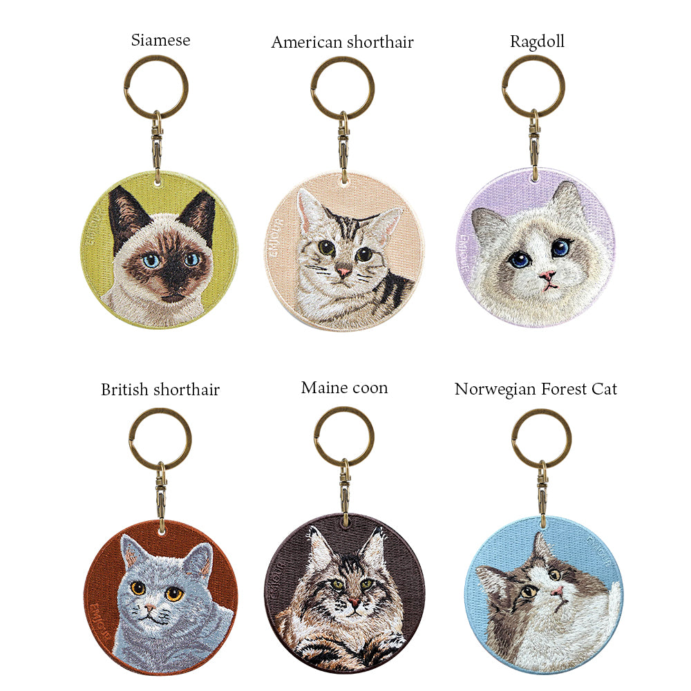 キーホルダー 猫 刺繍 ワッペン ネコ ネコ柄 アニマル チャーム ペット 動物 シャム アメリカンショートヘア ラグドール ブリティッシュショートヘア キャリコ ノルウェージャンフォレスト グッズ プレゼント ギフト EMJOUR エンジュール 台湾 車 自転車 カギ 鍵