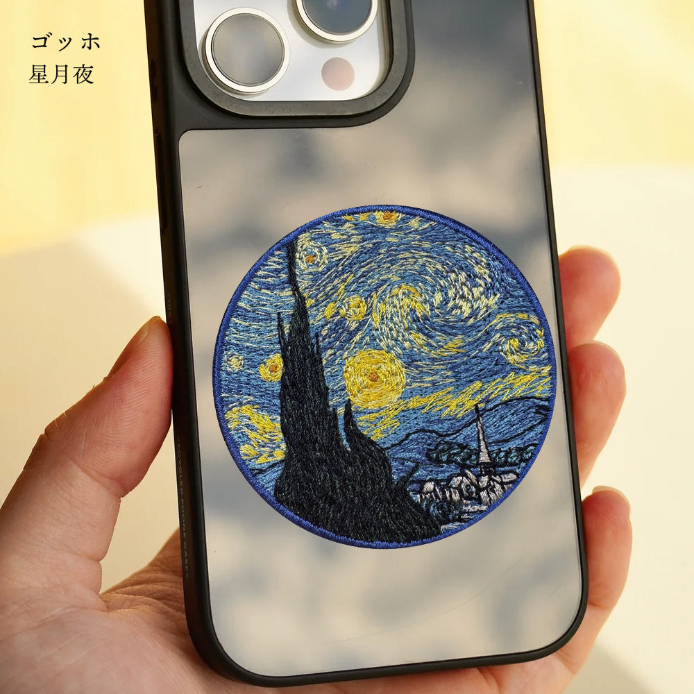 EMJOUR 刺繍 ワッペン ステッカー 絵画 葛飾北斎 ゴッホ モネ 神奈川沖浪裏 星月夜 睡蓮の池に架かる橋 エンジュール sticker