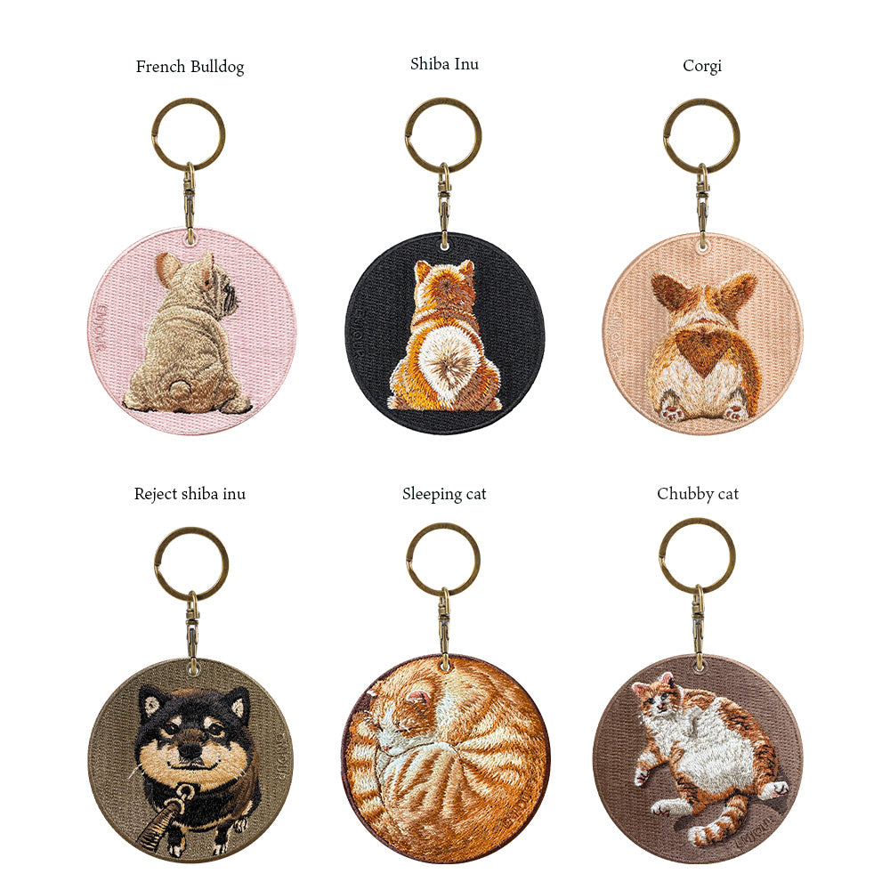 キーホルダー 犬 猫 刺繍 ワッペン アニマル チャーム 柴犬 黒柴 お散歩 トラ猫 お昼寝 ペット グッズ プレゼント EMJOUR エンジュール ペットロス