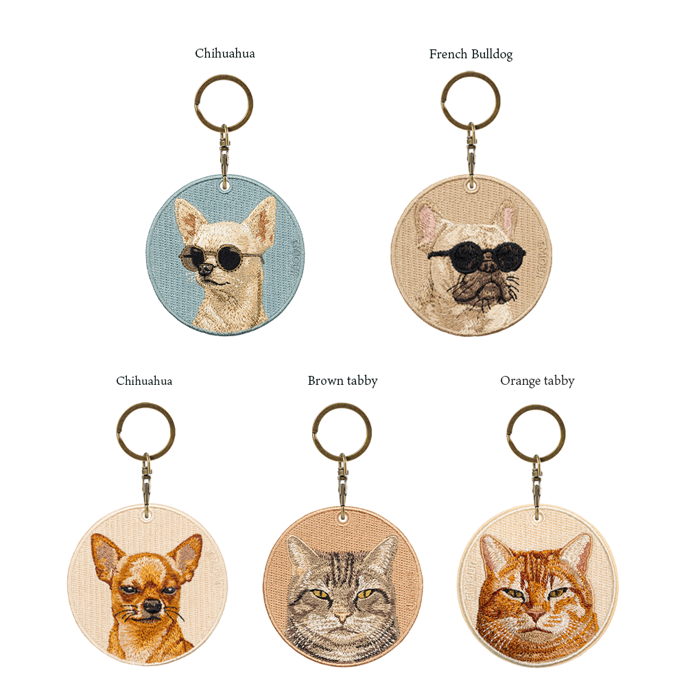 キーホルダー 犬 刺繍 ワッペン イヌ ネコ 猫柄 犬柄 アニマル チャーム チワワ フレンチブルドッグ キジトラ 茶トラ キジネコ  ペット グッズ プレゼント ギフト 贈り物 新築祝い EMJOUR エンジュール 台湾 dog Taiwan 車 自転車 カギ 鍵 おしゃれ